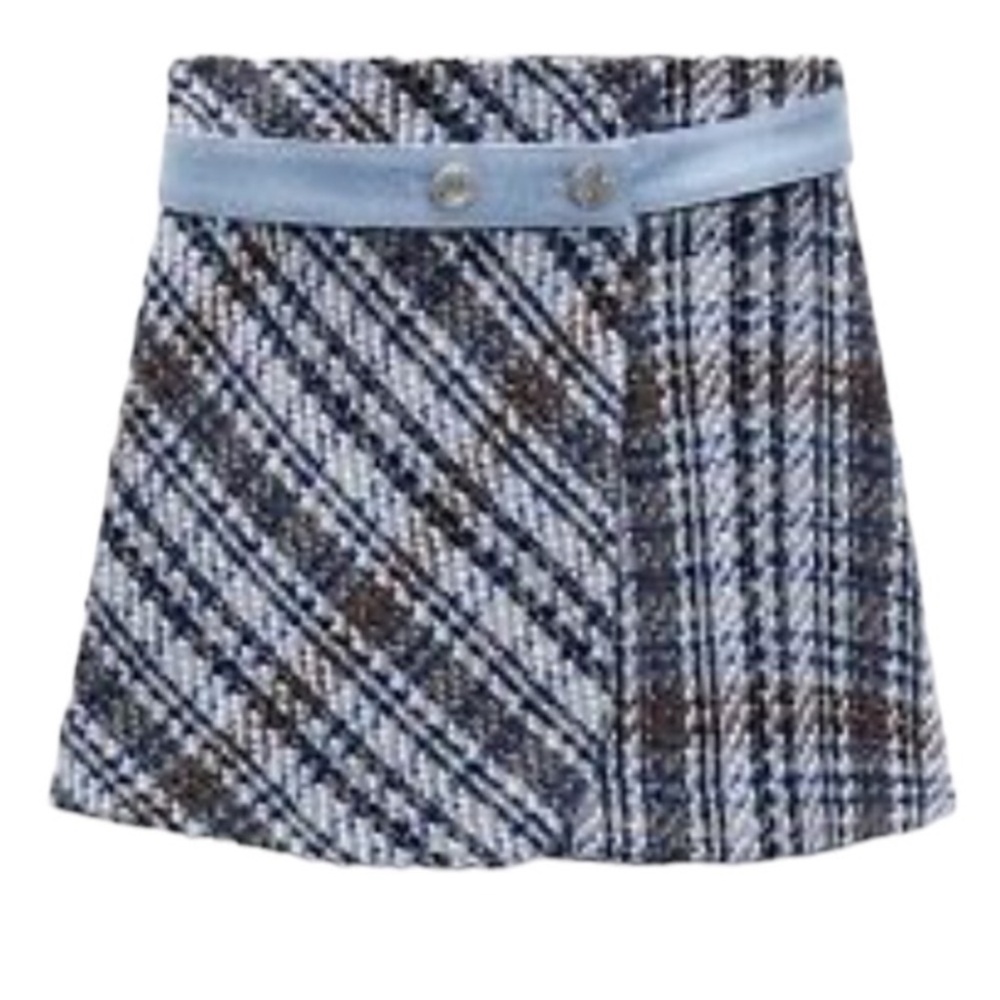 Zara Blue Tweed Mini Skirt With Contrast Denim NWT Size L